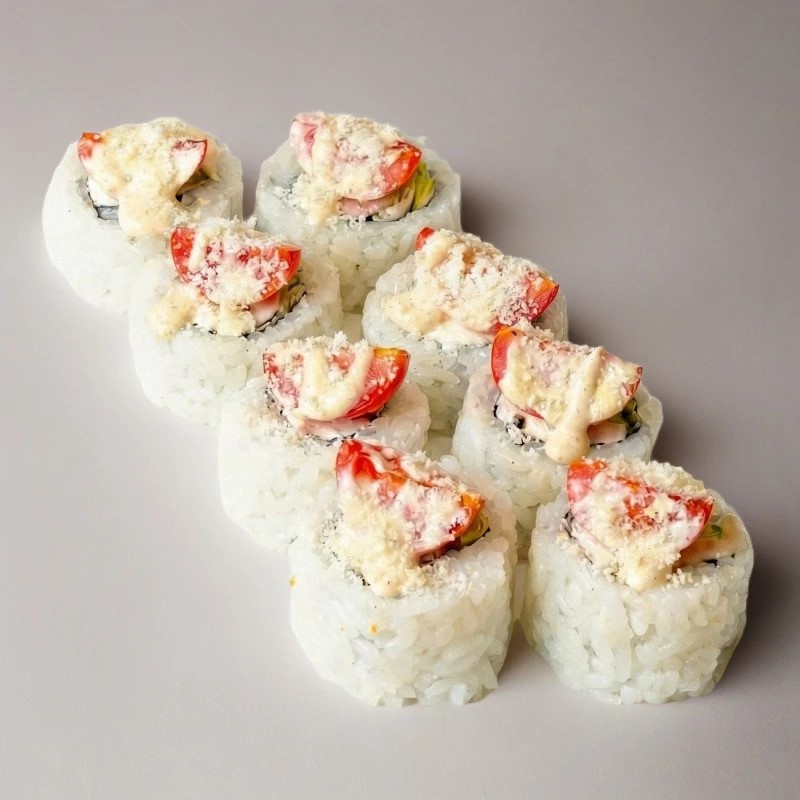 Нори, рис, сыр, огурцы, курица, черри, цезарь соус, пармезан